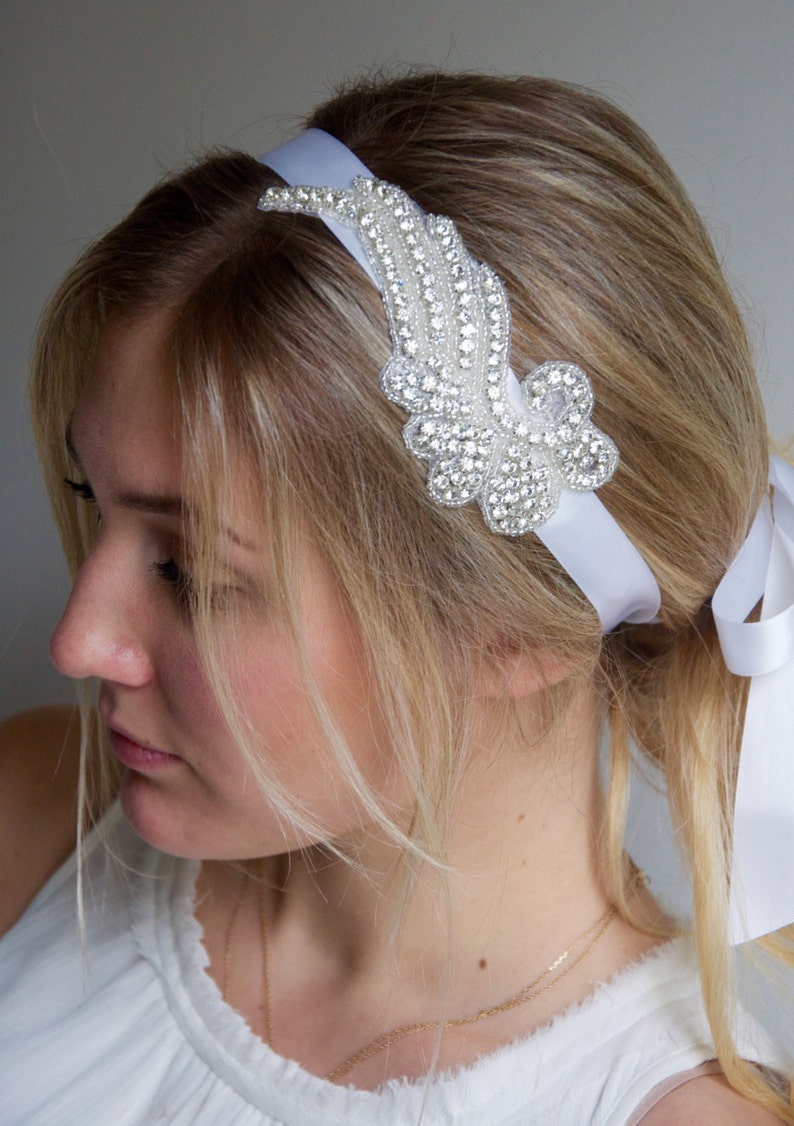 Rhinestone Wing Headband Crystal Rhinestone Angel wing on satin white ribbon headband