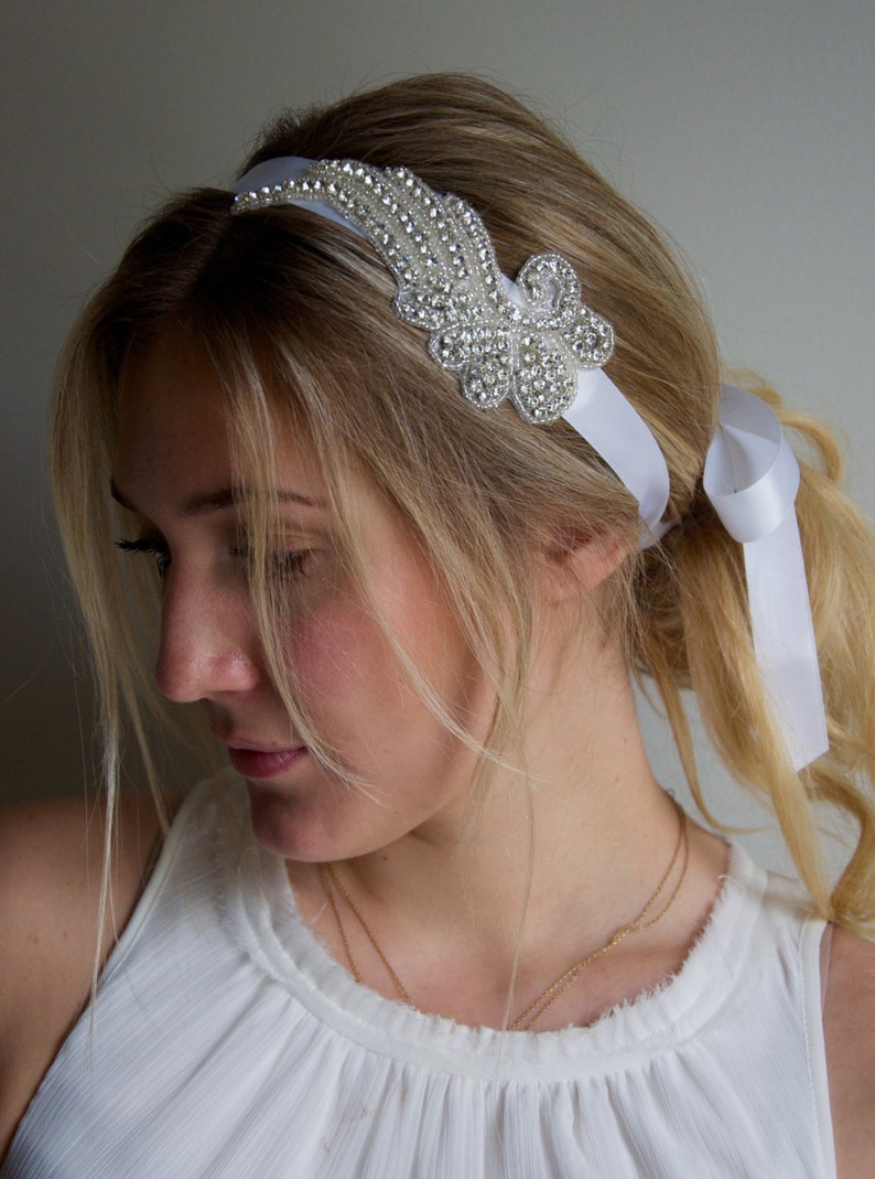 Rhinestone Wing Headband Crystal Rhinestone Angel wing on satin white ribbon headband