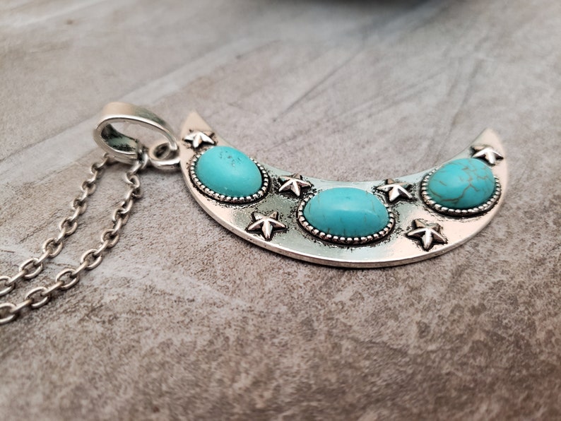 Statement Oxidized Rustic Silver Unique Gift Ideas Large Blue Turquoise Crescent Moon Silver Necklace jingsbeadingworld Highlydetailed