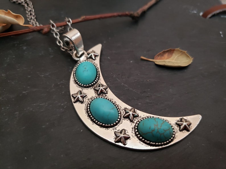 Statement Oxidized Rustic Silver Unique Gift Ideas Large Blue Turquoise Crescent Moon Silver Necklace jingsbeadingworld Highlydetailed
