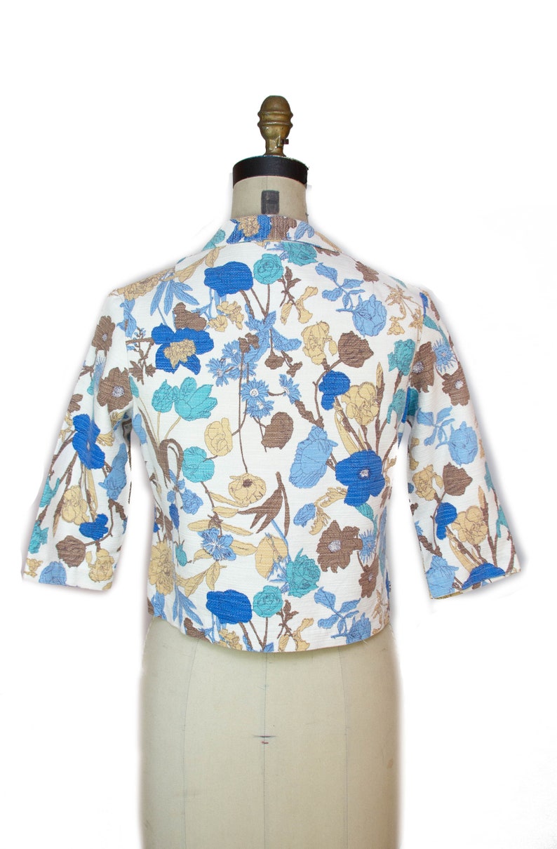 1960s Jacket ~ Blue Botanical Floral Cropped Cotton Jacket
