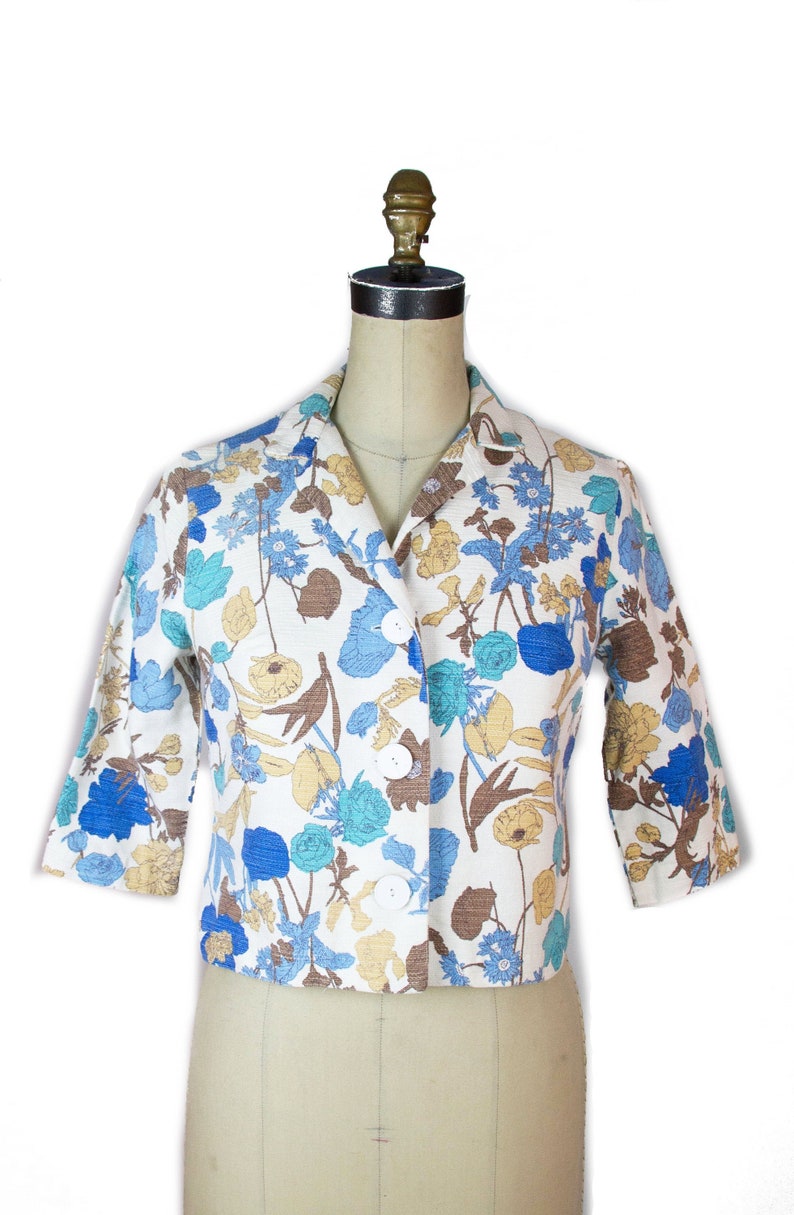 1960s Jacket ~ Blue Botanical Floral Cropped Cotton Jacket