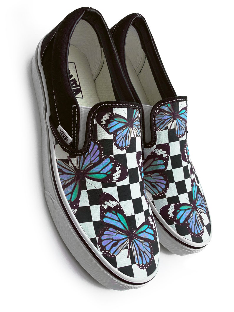 Checkerboard Blue Monarch Butterfly Custom Vans Brand Slip-on | Etsy