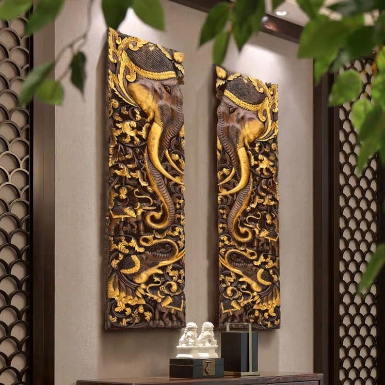 Set Large Wood Wall Art Wood Carving Dragon Headboard King Etsy