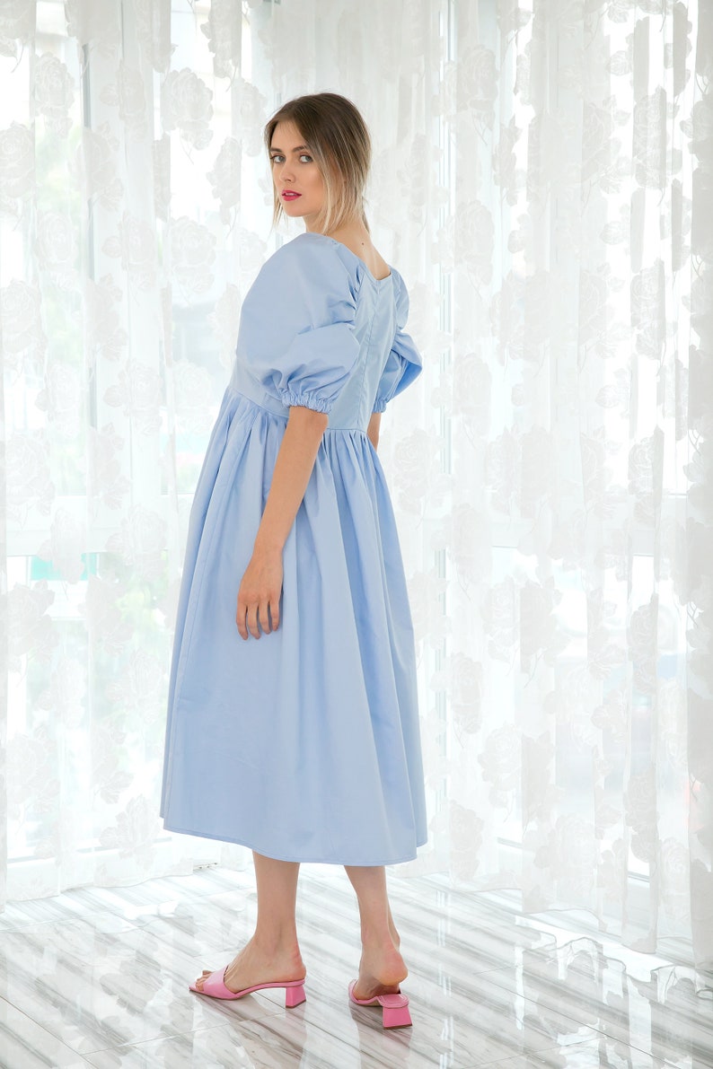 Blue Dress Modest Dress Puff Sleeve Dress Cotton Dress Etsy
