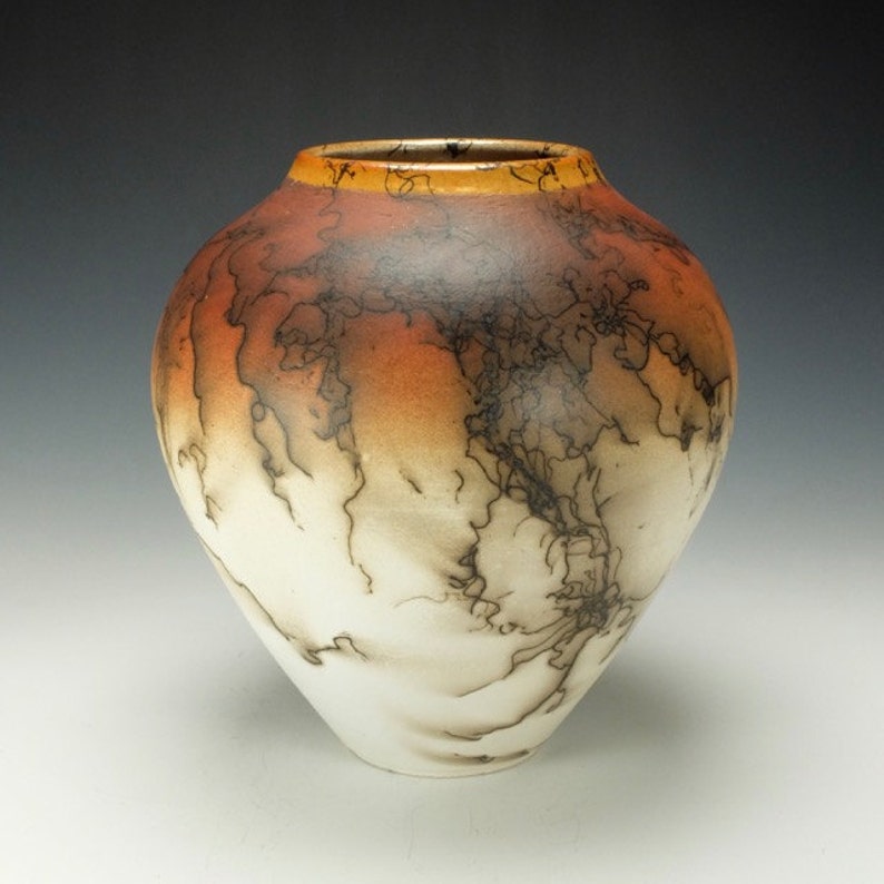 Horse Hair Raku Pottery Vase orange black cream and white. | Etsy