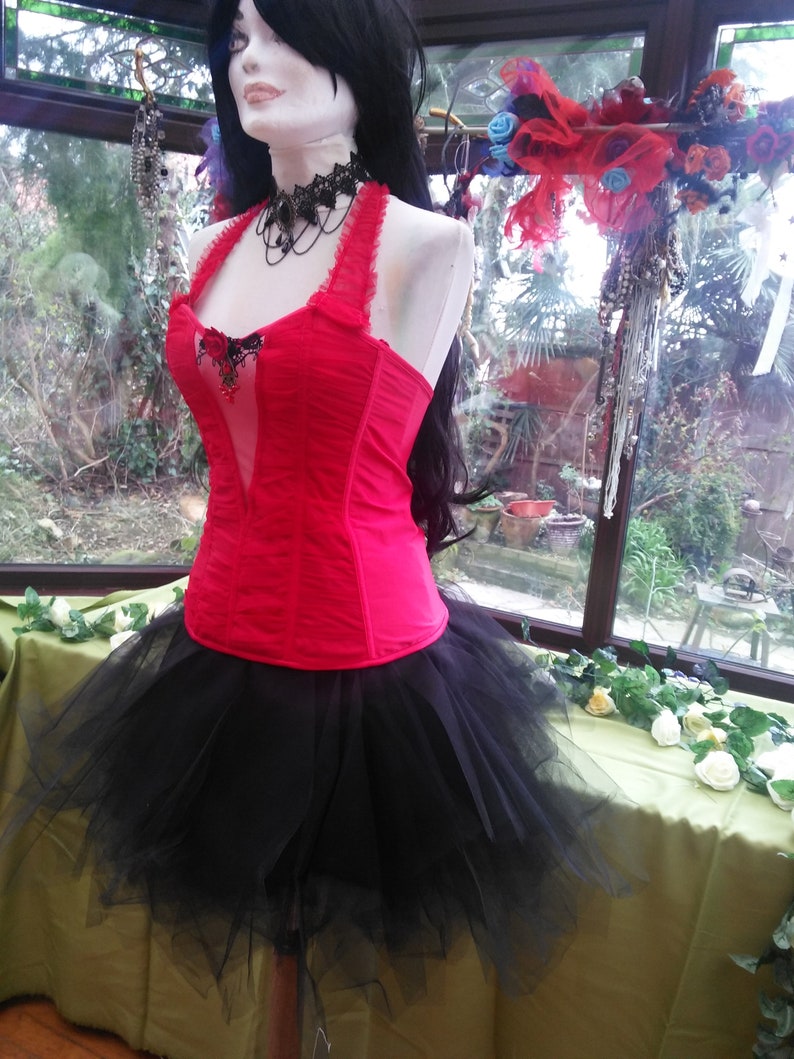 size UK12 USA 6 Corset dress wedding burlesque party black tutu lace trim corset lace up back with frilled net skirt and choker necklace