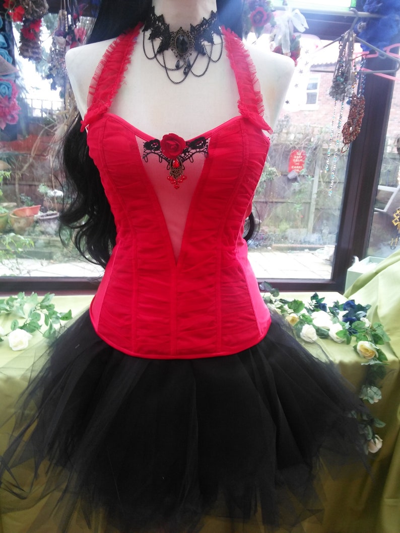 size UK12 USA 6 Corset dress wedding burlesque party black tutu lace trim corset lace up back with frilled net skirt and choker necklace