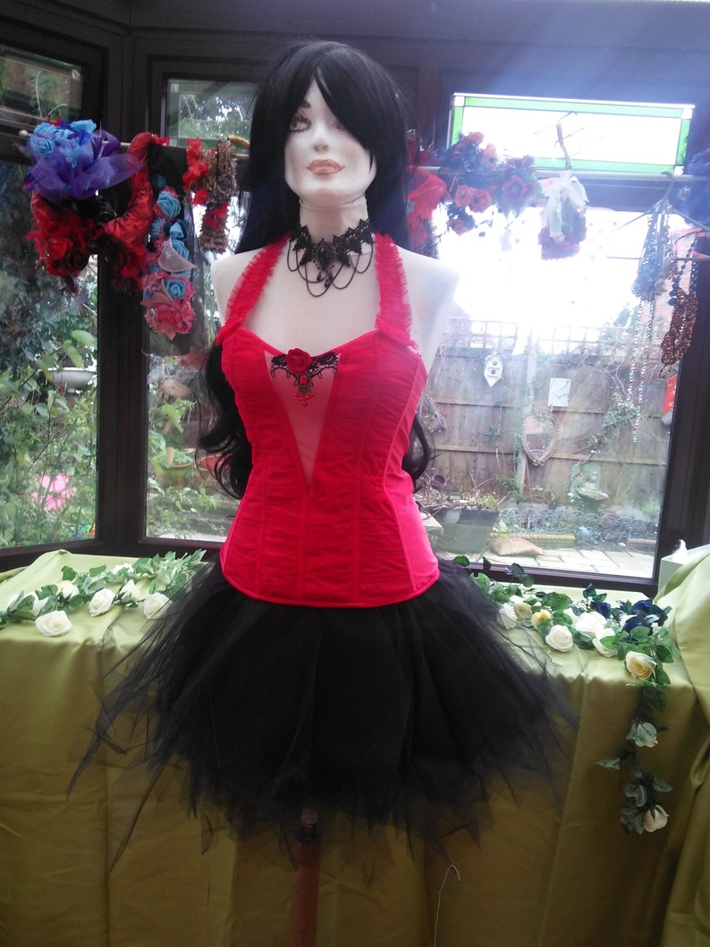 size UK12 USA 6 Corset dress wedding burlesque party black tutu lace trim corset lace up back with frilled net skirt and choker necklace
