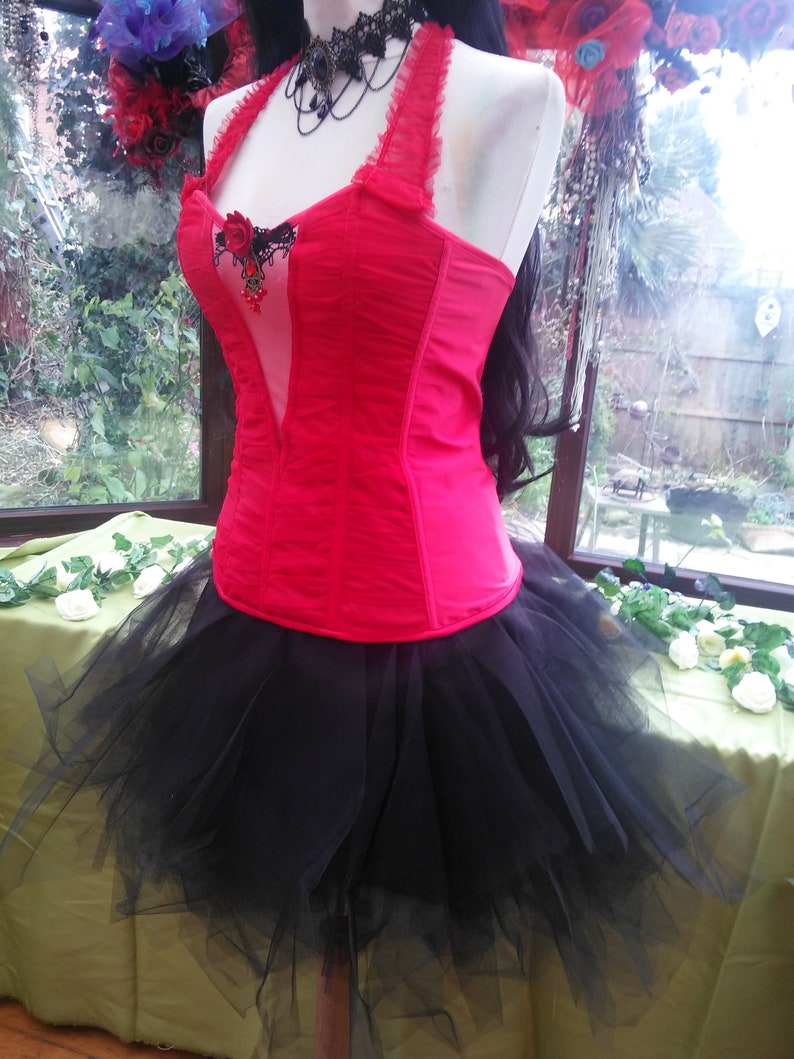 size UK12 USA 6 Corset dress wedding burlesque party black tutu lace trim corset lace up back with frilled net skirt and choker necklace