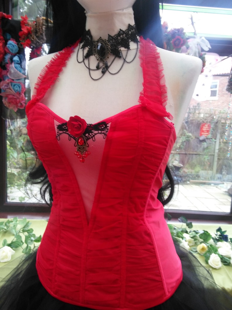 size UK12 USA 6 Corset dress wedding burlesque party black tutu lace trim corset lace up back with frilled net skirt and choker necklace