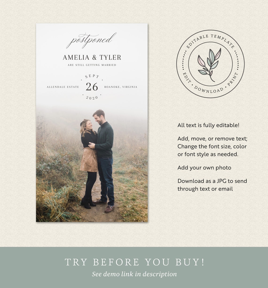 Postponed Wedding Announcement Digital Save The Date Etsy