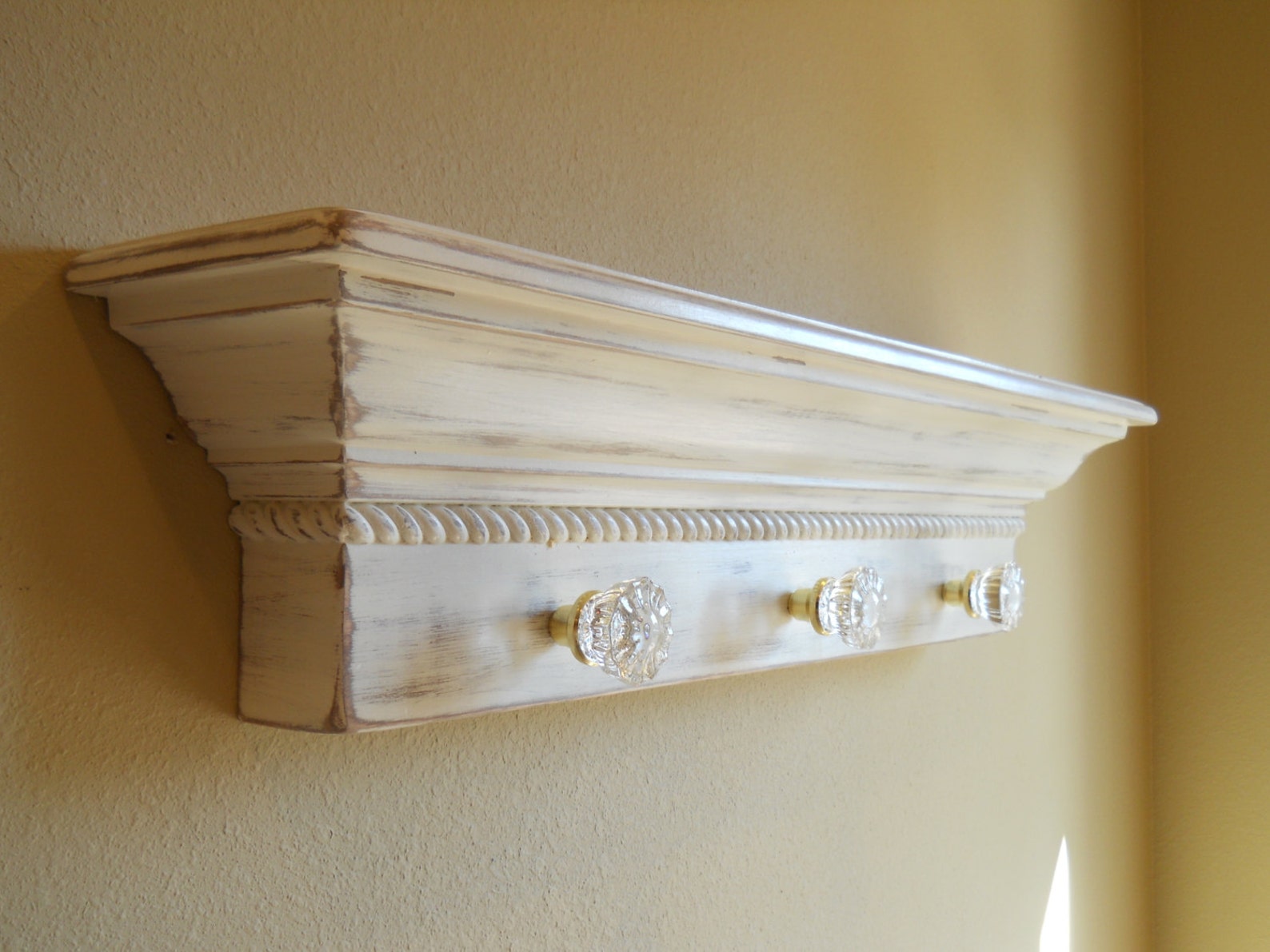 36 Floating Wall Shelf With Glass Door Knobs Shabby Etsy