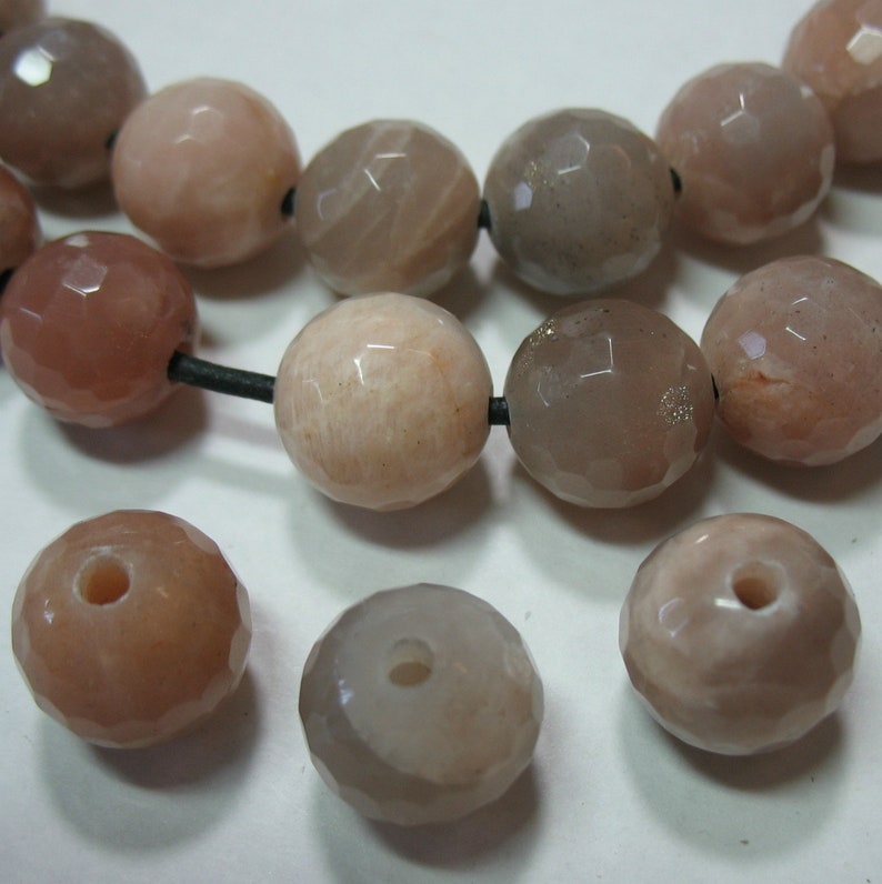 Large 2mm Hole Gray /& Peach Moonstone 14mm Faceted Round Beads 7 Strand