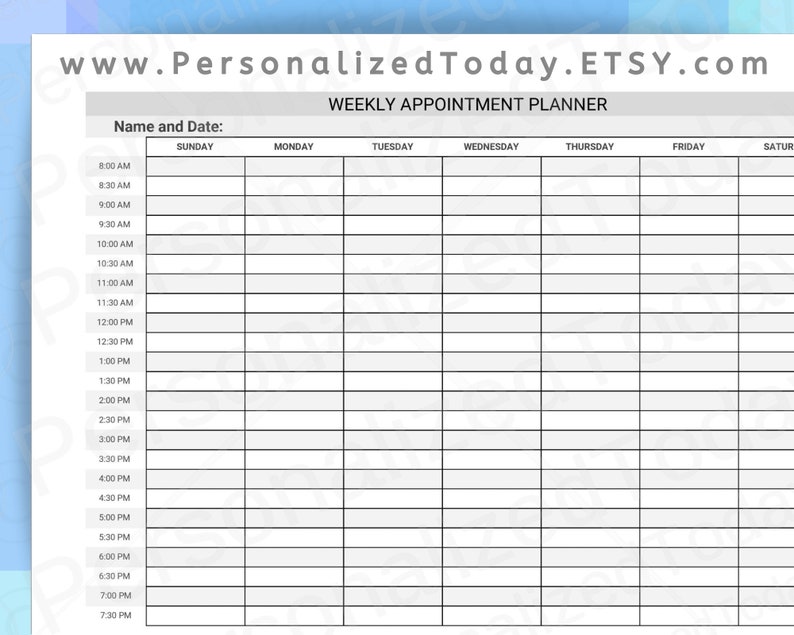 weekly printable schedule 8 am through 8 pm 12 hour