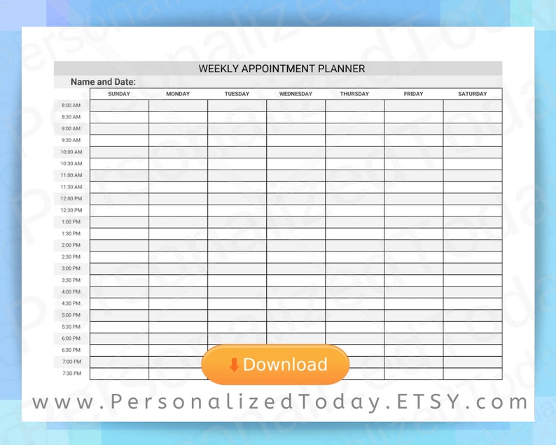 weekly printable schedule 8 am through 8 pm 12 hour time etsy