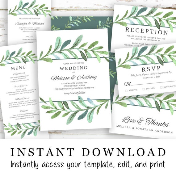 Modern Vines Watercolor Leaves Botanical Wedding Collection Editable Templett Digital Download