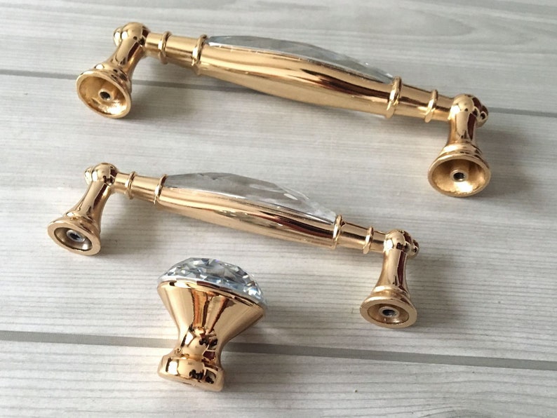 3.75 5 Gold Crystal Handle Pull Knobs Rhinestone Etsy