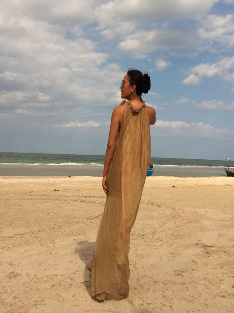 Beige gold nude chiffon Beach evening long maxi Sun dress all size