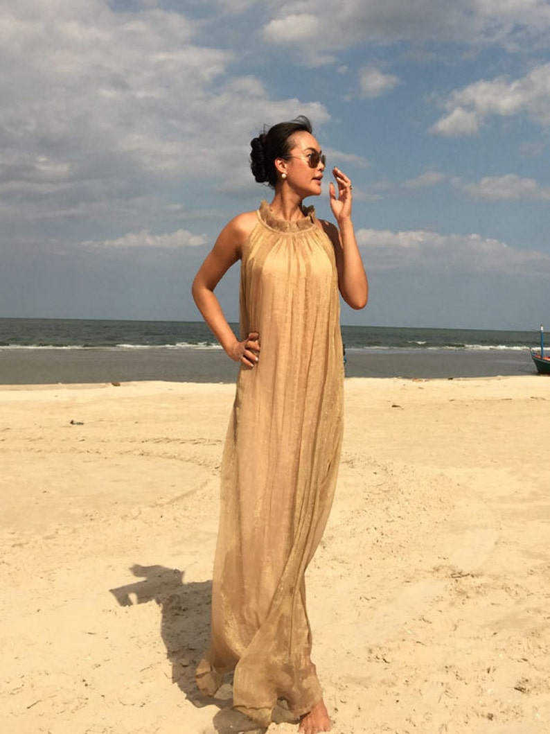 Beige gold nude chiffon Beach evening long maxi Sun dress all size