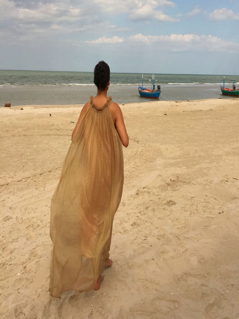 Beige gold nude chiffon Beach evening long maxi Sun dress all size