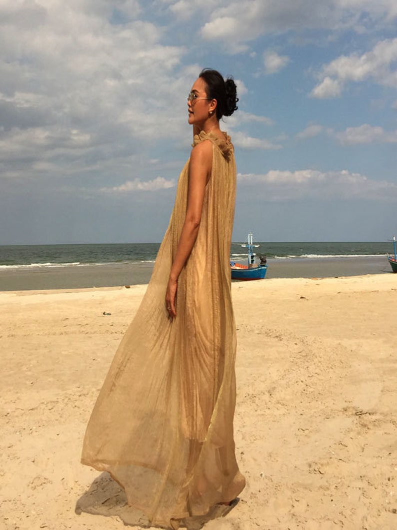 Beige gold nude chiffon Beach evening long maxi Sun dress all size