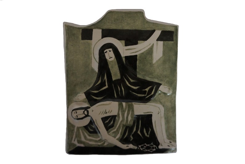La Pieta Mid Century Pottery Tile Wall Hanging with Mary and image 0