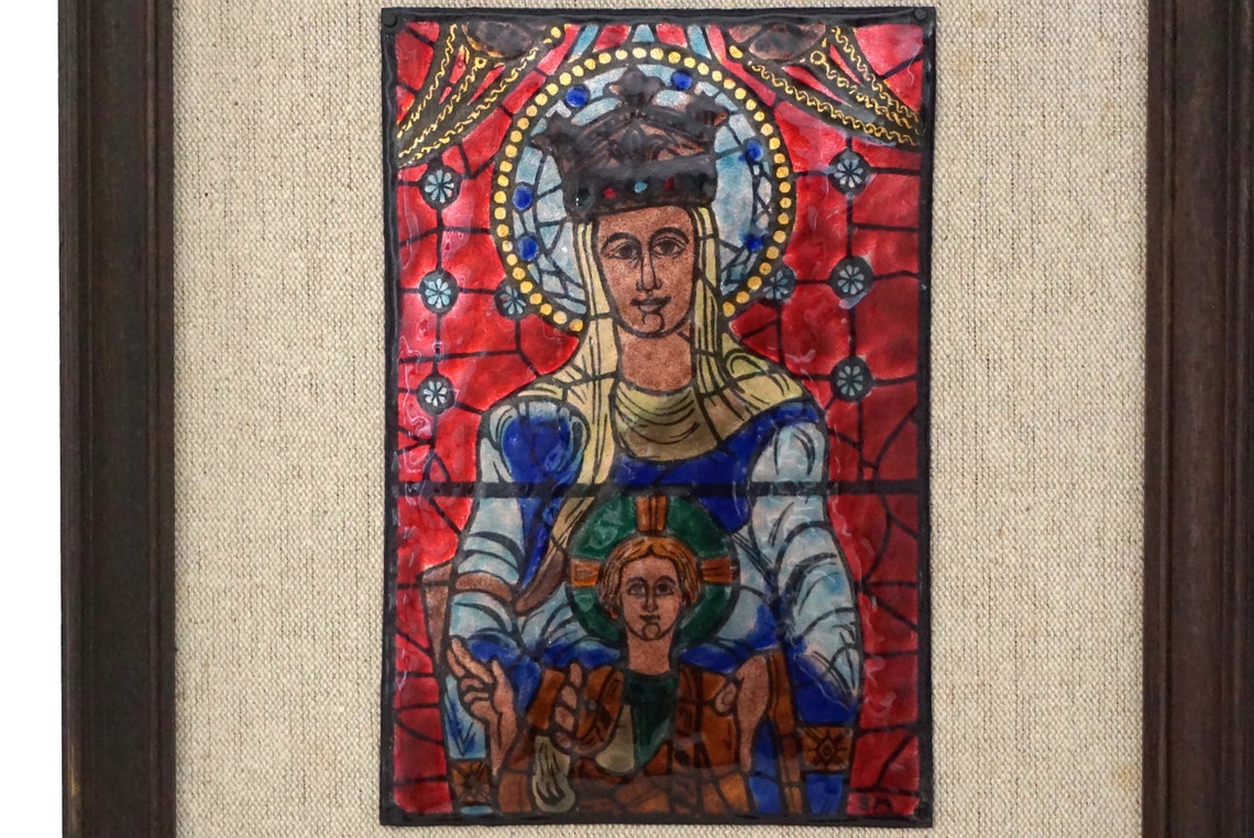 French Enamel Wall Hanging with Christian Madonna and Child image 2