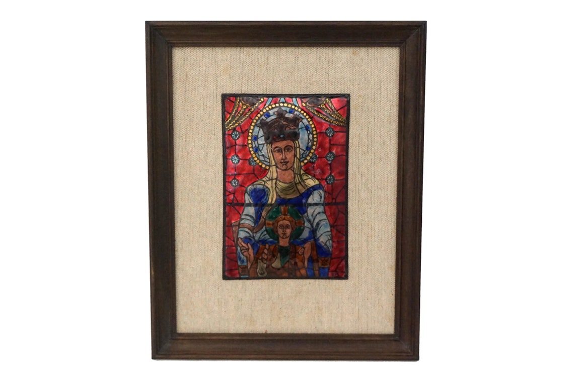 French Enamel Wall Hanging with Christian Madonna and Child image 0