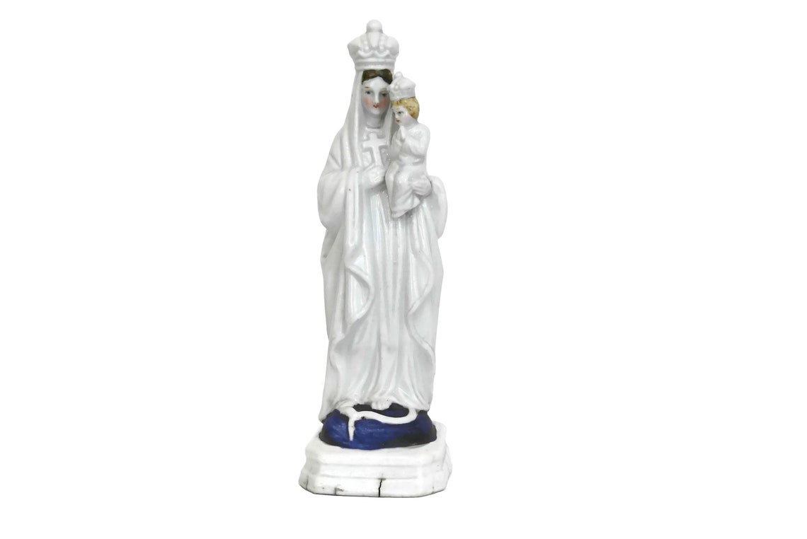 Porcelain Madonna and Child Statuette French Antique Virgin image 0