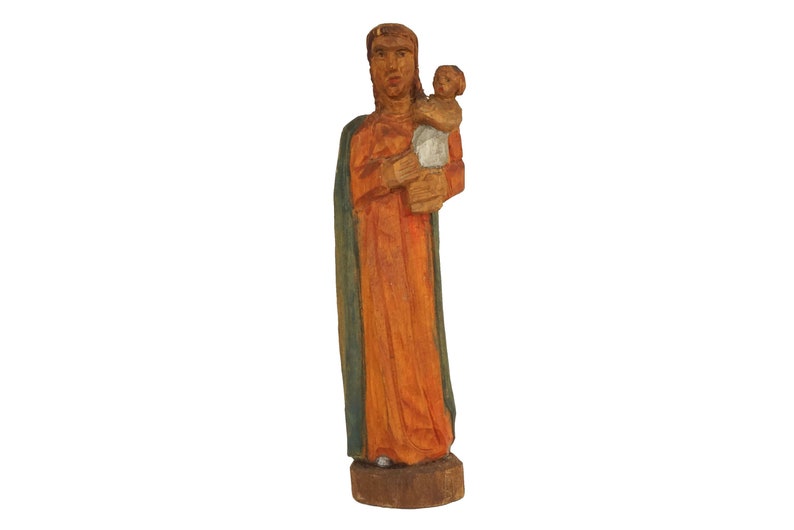 Madonna and Child Wooden Statuette Carved Wood Virgin Mary image 0