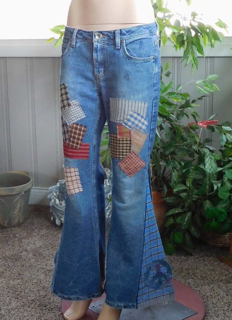 Patchwork Bell Bottom 70s Hippie Flare Jeans Hip Hugger Size 9 | Etsy