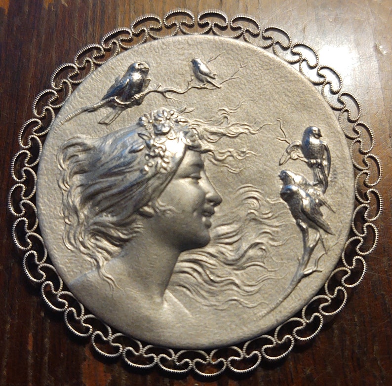 Antique Art Nouveau Victorian Figural Woman with Birds Silver image 0