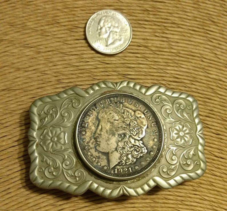 Vintage Nickel Silver Ornate Etched Belt Buckle with 1921 image 0