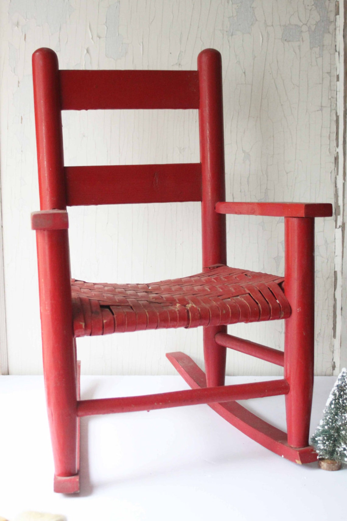 Antique Red Child's Rocking Chair with Woven Seat Red Etsy
