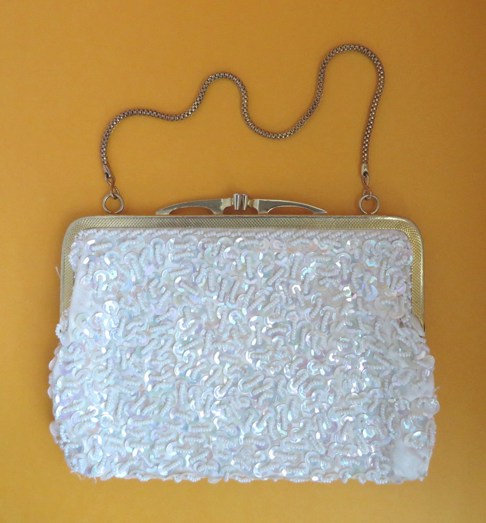 Vintage White Beaded Evening Bag Sequined Chain Handle Purse | Etsy