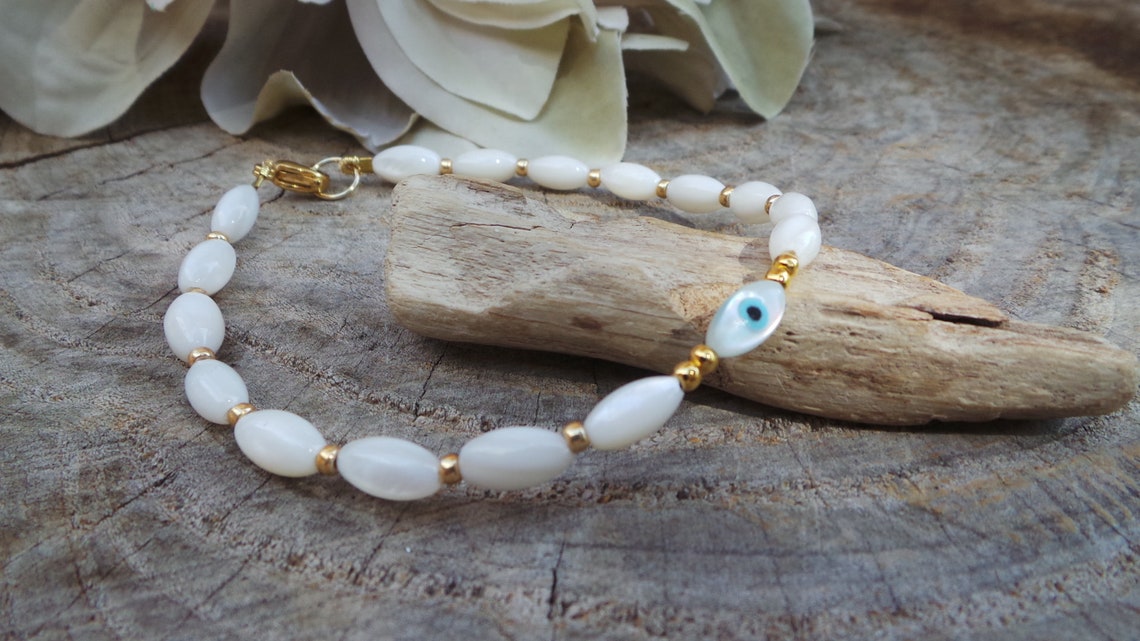 White evil eye bracelet. Beaded evil eye bracelet. Mother of Etsy