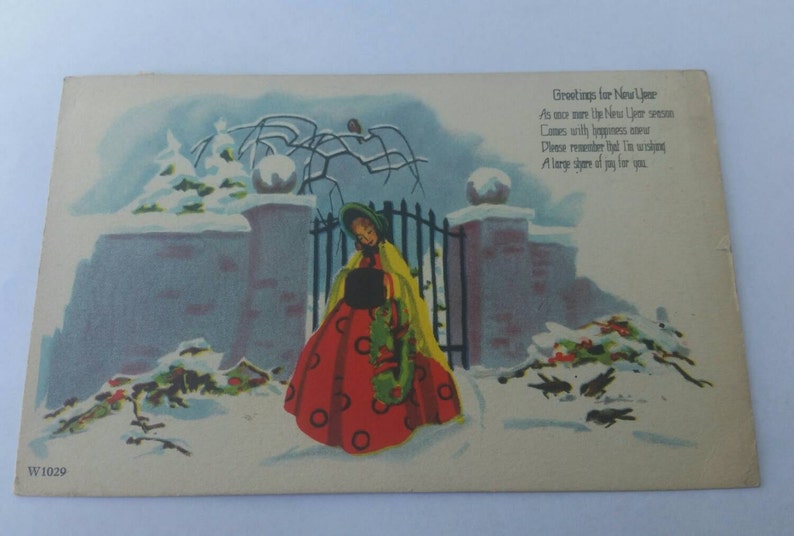 Greetings for New Year Lady in rhe Snow Vintage Postcard Paper Ephemera Collectible