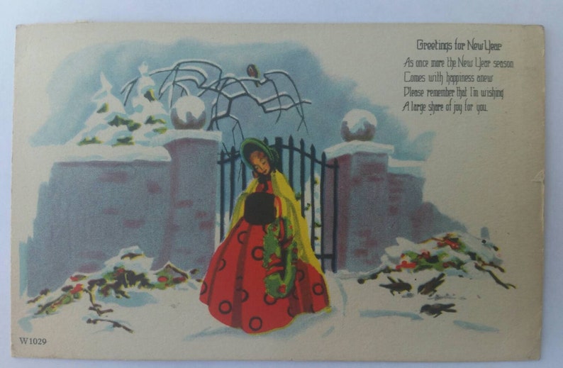 Greetings for New Year Lady in rhe Snow Vintage Postcard Paper Ephemera Collectible