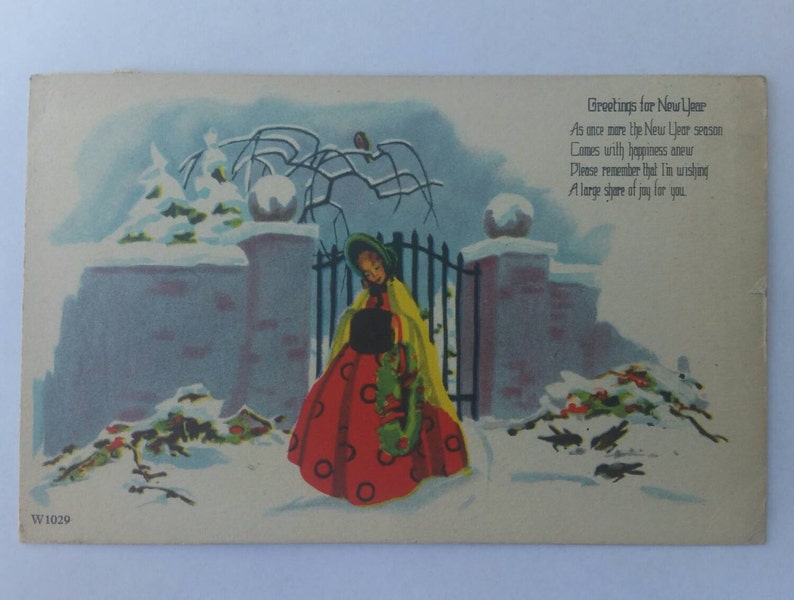 Greetings for New Year Lady in rhe Snow Vintage Postcard Paper Ephemera Collectible