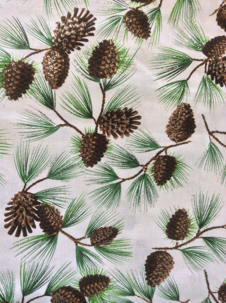 JoAnn fabrics Christmas pine cones & needles on white with Etsy