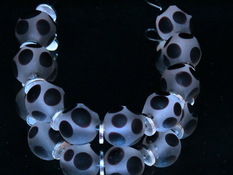 Handmade Glass Lampwork Beads Black Diamond Clear Etched With Black Polka Dots