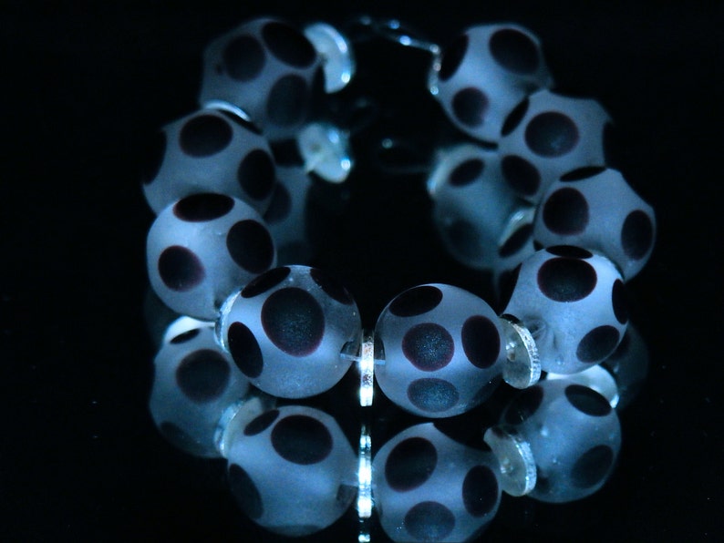 Handmade Glass Lampwork Beads Black Diamond Clear Etched With Black Polka Dots