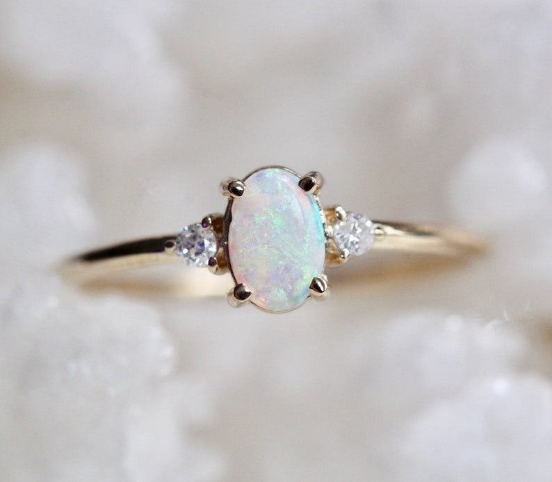 14K Gold Opal Diamond Ring Three Stone Ring Multicolor | Etsy