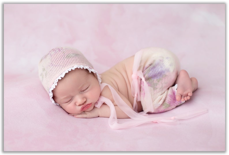 baby photography NEWBORN ROMPER BONNET baby pant vintage crocheted trim pastel floral sweater knit pant romper photo prop, tieback