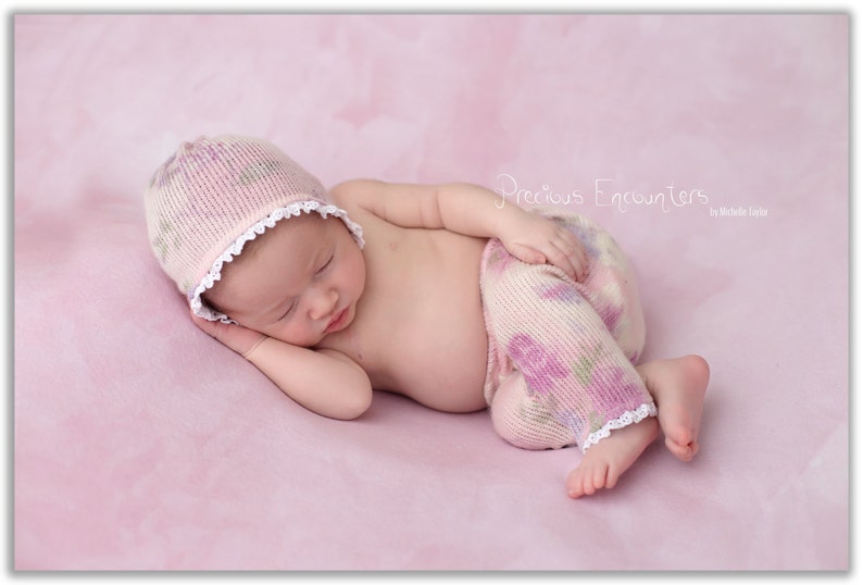 baby photography NEWBORN ROMPER BONNET baby pant vintage crocheted trim pastel floral sweater knit pant romper photo prop, tieback