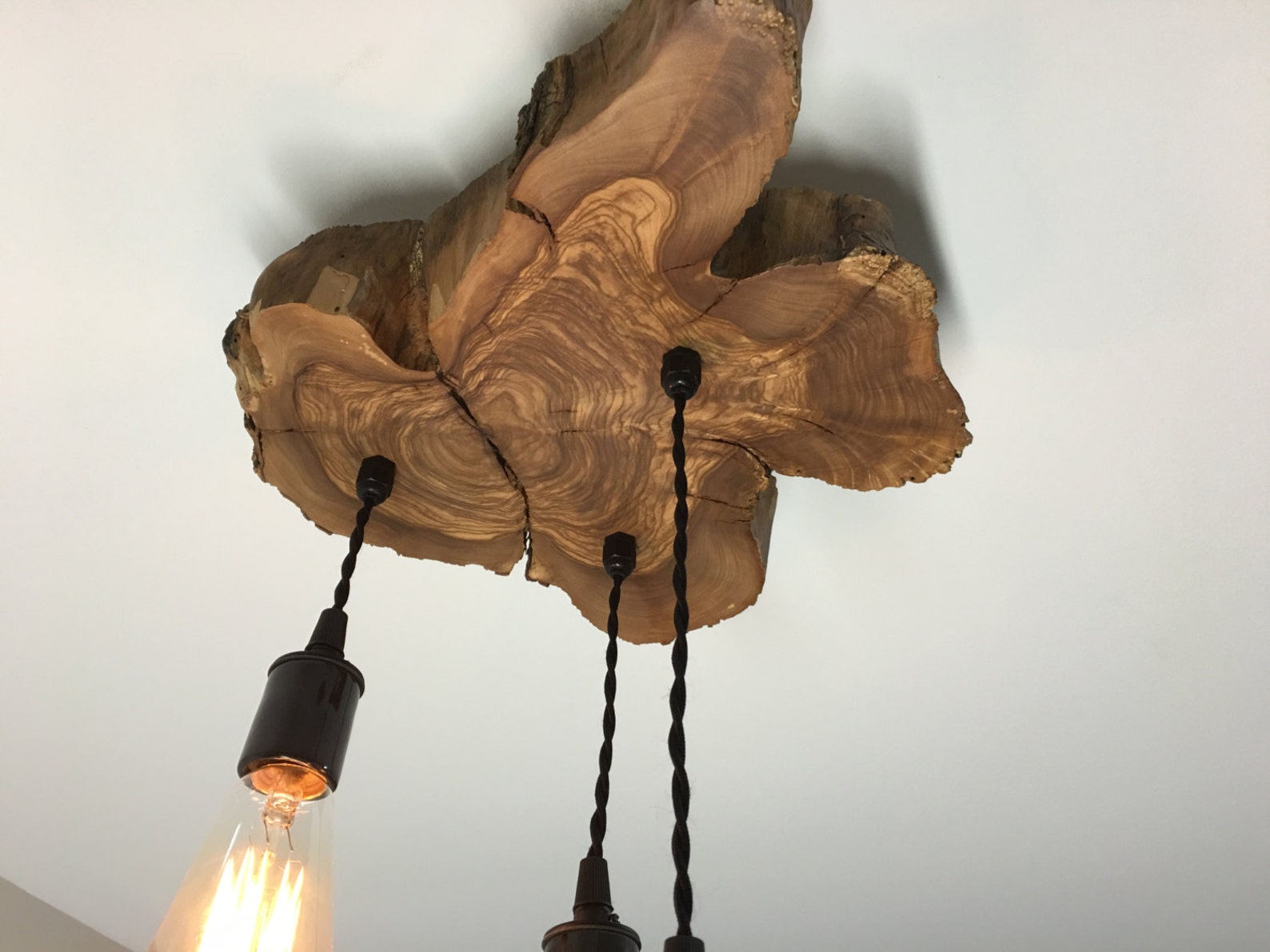Modern LiveEdge Olive wood Light Fixture with 3 lights. Etsy