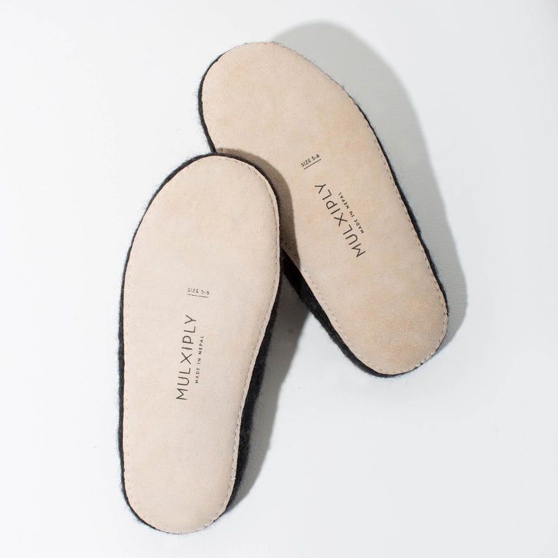 Dark Grey Felt Wool Slippers Wool Slippers Home Shoe Pom Pom Slippers Slippers with Leather Bottom Charcoal Women/'s Slippers