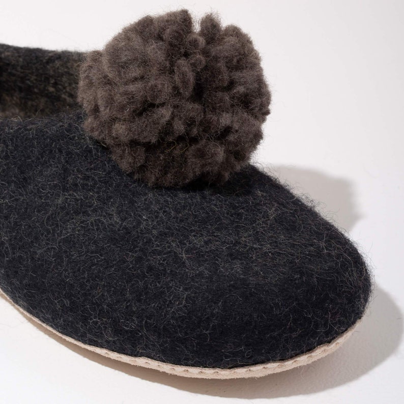Dark Grey Felt Wool Slippers Wool Slippers Home Shoe Pom Pom Slippers Slippers with Leather Bottom Charcoal Women/'s Slippers