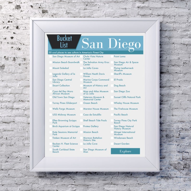 San Diego California Bucket List Wall Art 50 Fun Things to